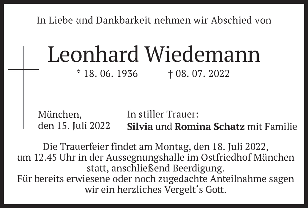  Traueranzeige für Leonhard Wiedemann vom 15.07.2022 aus merkurtz