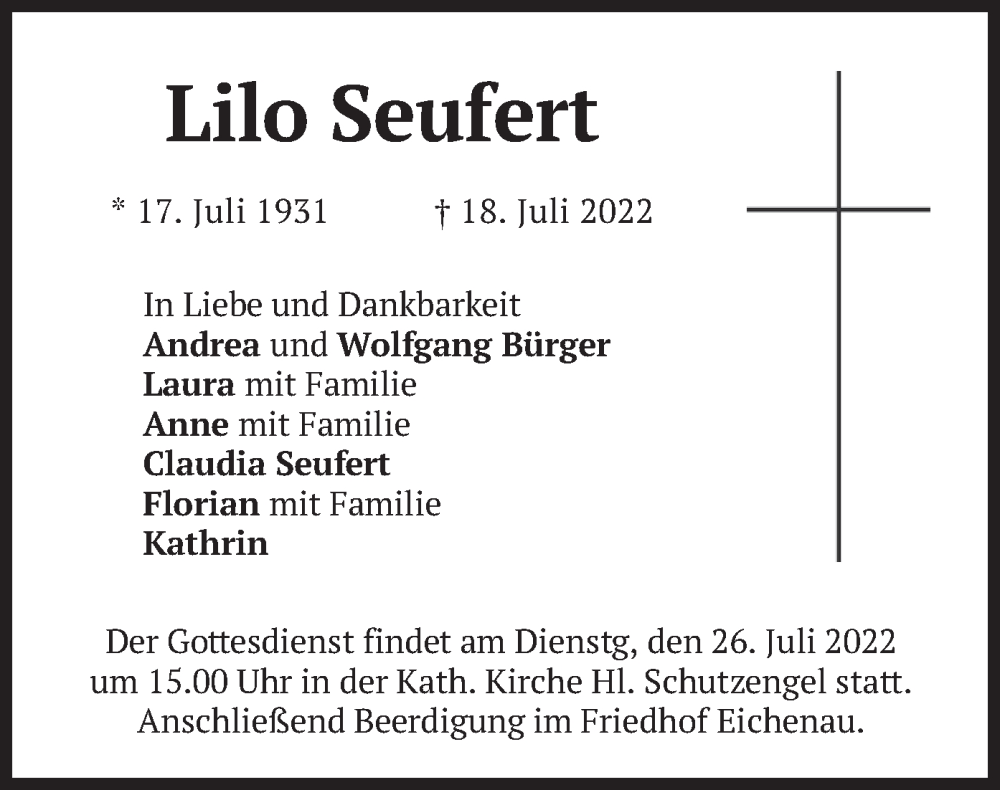  Traueranzeige für Lilo Seufert vom 22.07.2022 aus merkurtz