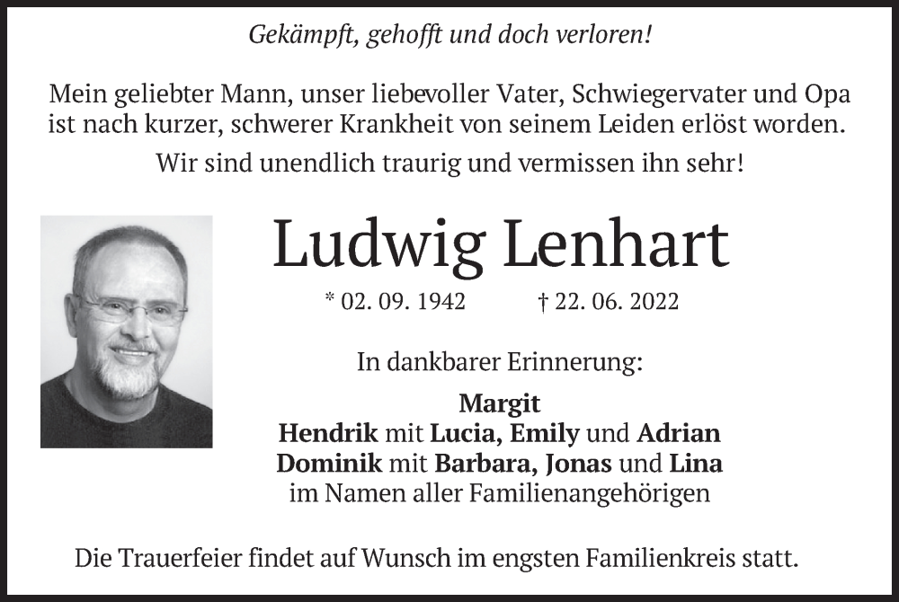  Traueranzeige für Ludwig Lenhart vom 02.07.2022 aus merkurtz