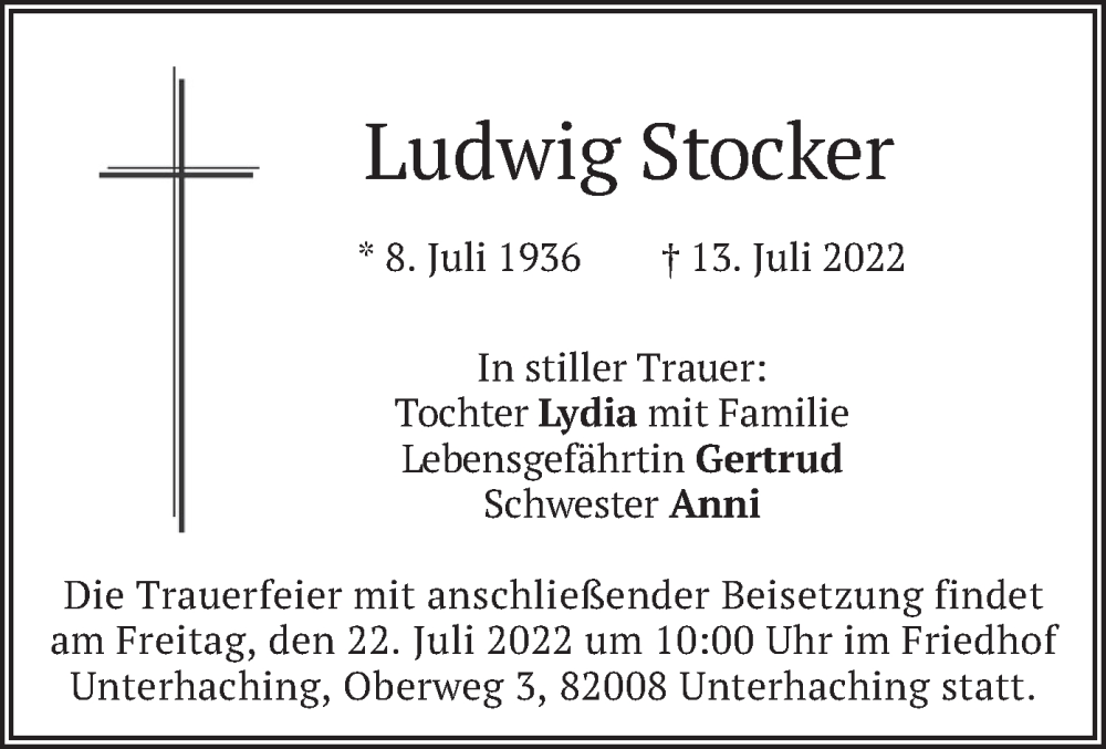  Traueranzeige für Ludwig Stocker vom 20.07.2022 aus merkurtz