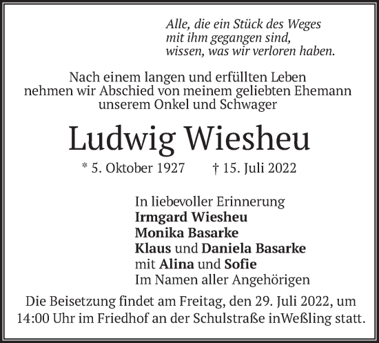 Traueranzeige von Ludwig Wiesheu von merkurtz