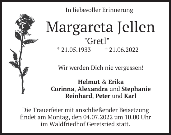 Traueranzeige von Margareta Jellen von merkurtz
