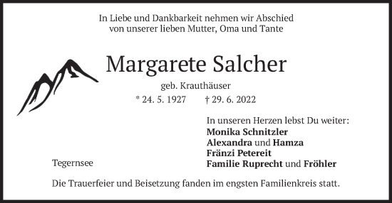 Traueranzeige von Margarete Salcher von merkurtz