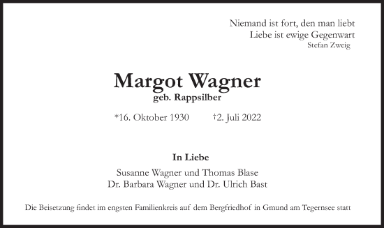 Traueranzeige von Margot Wagner von merkurtz