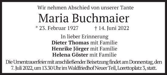 Traueranzeige von Maria Buchmaler von merkurtz