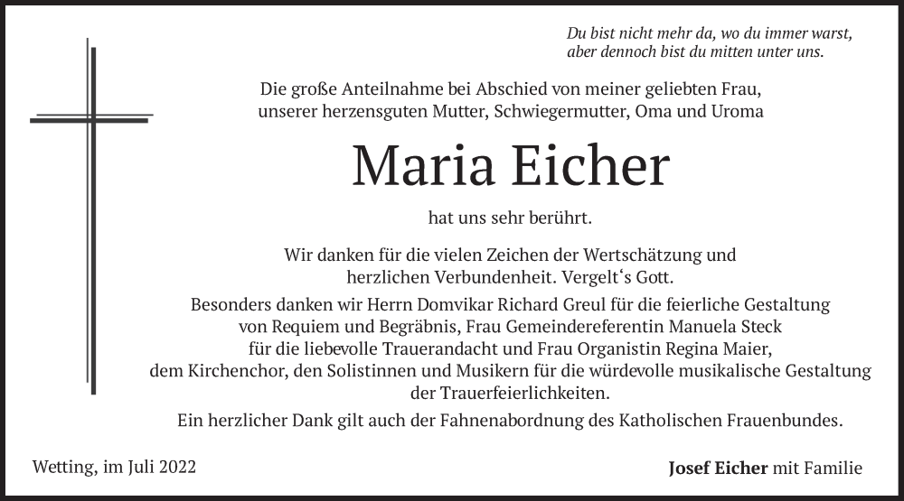  Traueranzeige für Maria Eicher vom 09.07.2022 aus merkurtz