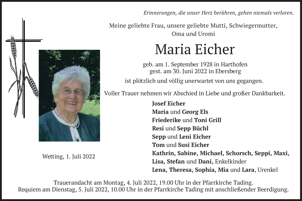  Traueranzeige für Maria Eicher vom 04.07.2022 aus merkurtz