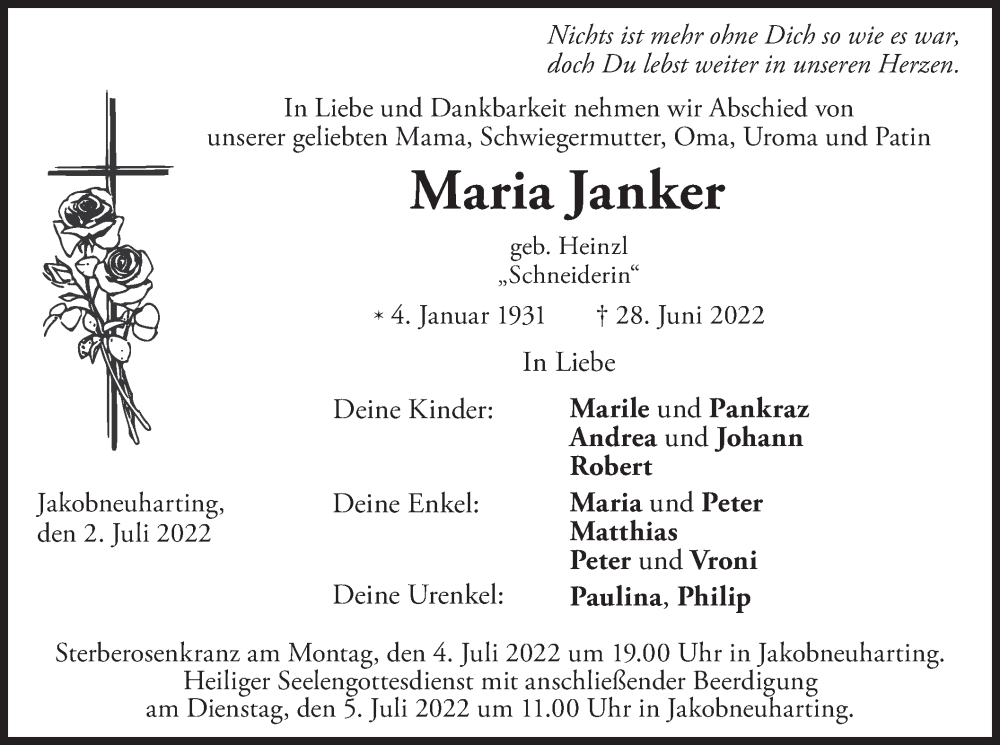  Traueranzeige für Maria Janker vom 02.07.2022 aus merkurtz