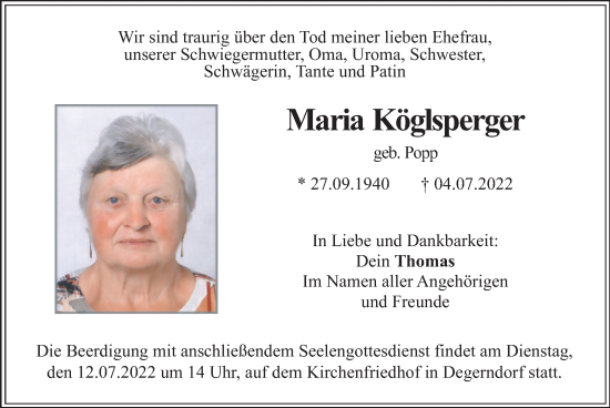 Traueranzeige von Maria Köglsperger von merkurtz