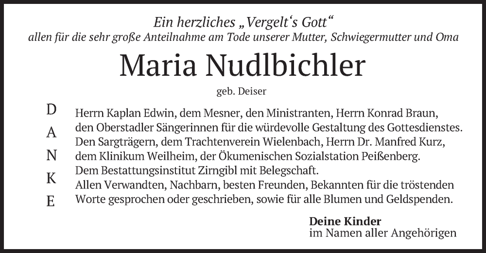  Traueranzeige für Maria Nudlbichler vom 23.07.2022 aus merkurtz