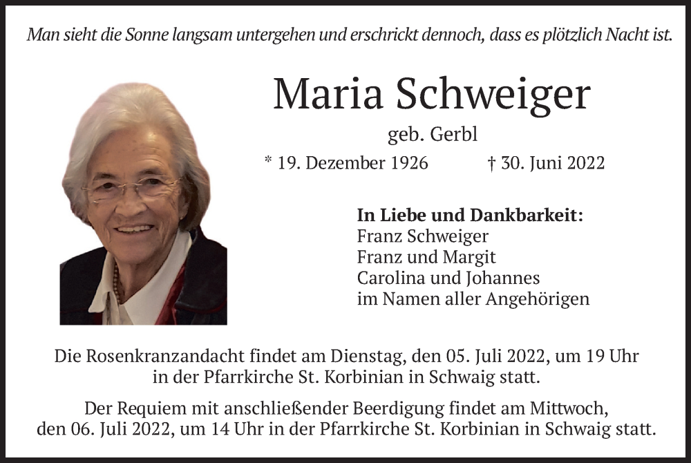  Traueranzeige für Maria Schweiger vom 04.07.2022 aus merkurtz