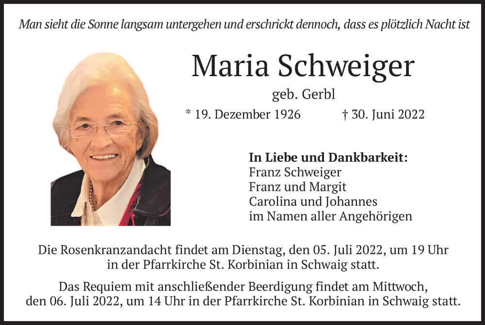  Traueranzeige für Maria Schweiger vom 05.07.2022 aus merkurtz