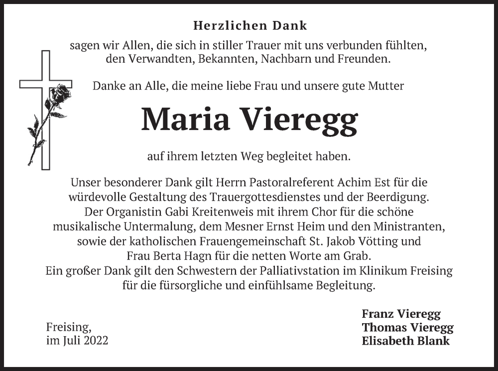  Traueranzeige für Maria Vieregg vom 08.07.2022 aus merkurtz