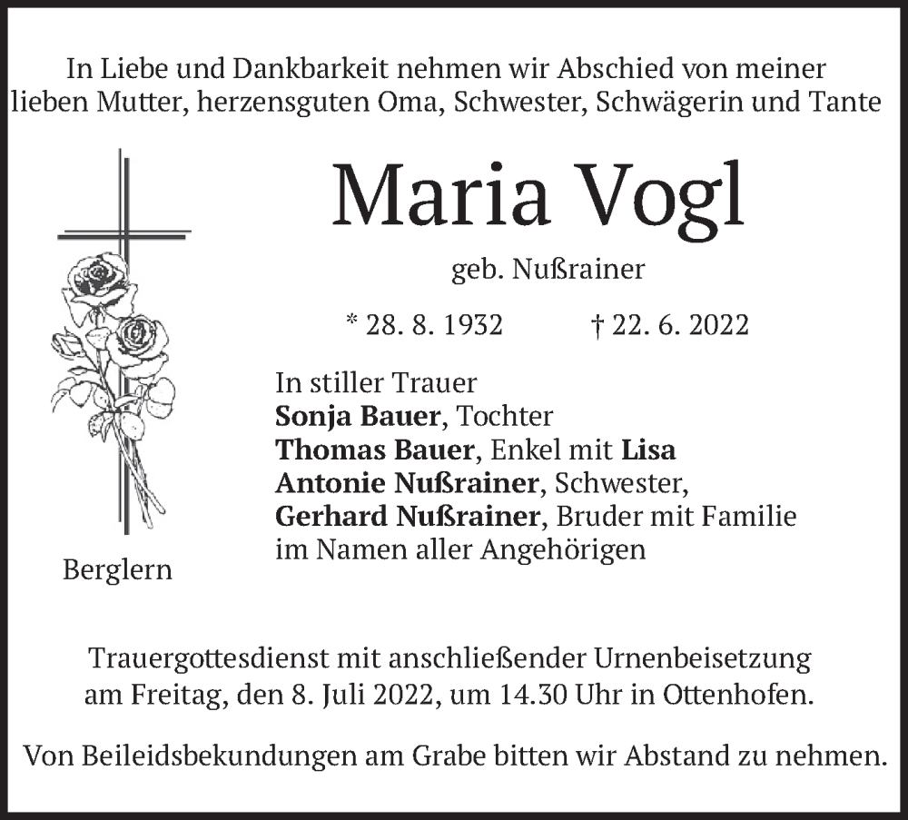  Traueranzeige für Maria Vogl vom 05.07.2022 aus merkurtz