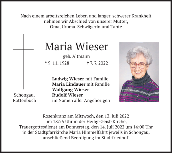 Traueranzeige von Maria Wieser von merkurtz