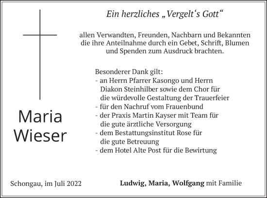 Traueranzeige von Maria Wieser von merkurtz