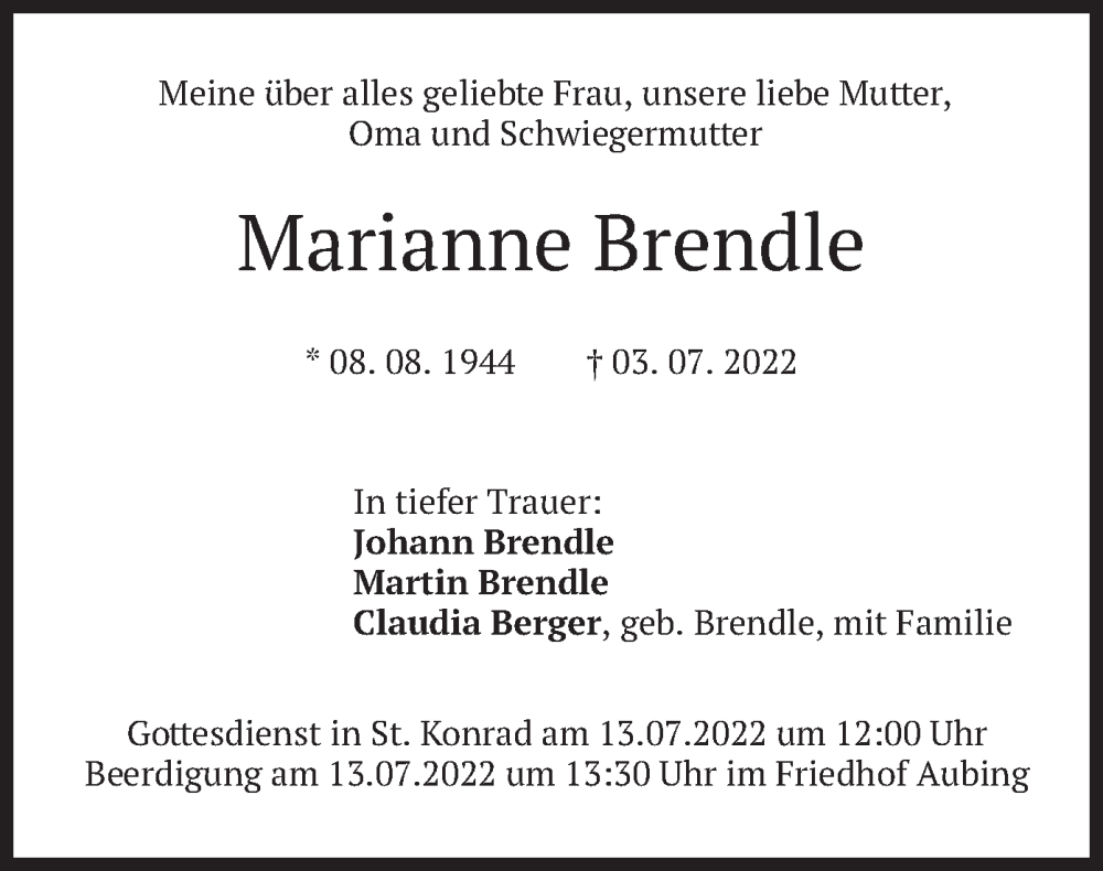  Traueranzeige für Marianne Brendle vom 09.07.2022 aus merkurtz