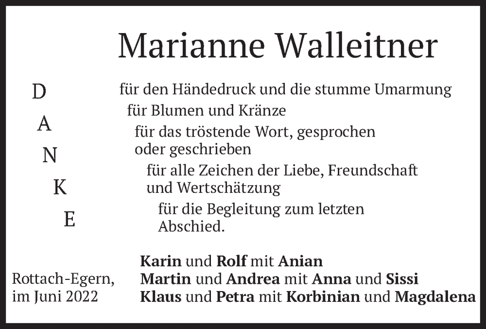  Traueranzeige für Marianne Walleitner vom 09.07.2022 aus merkurtz