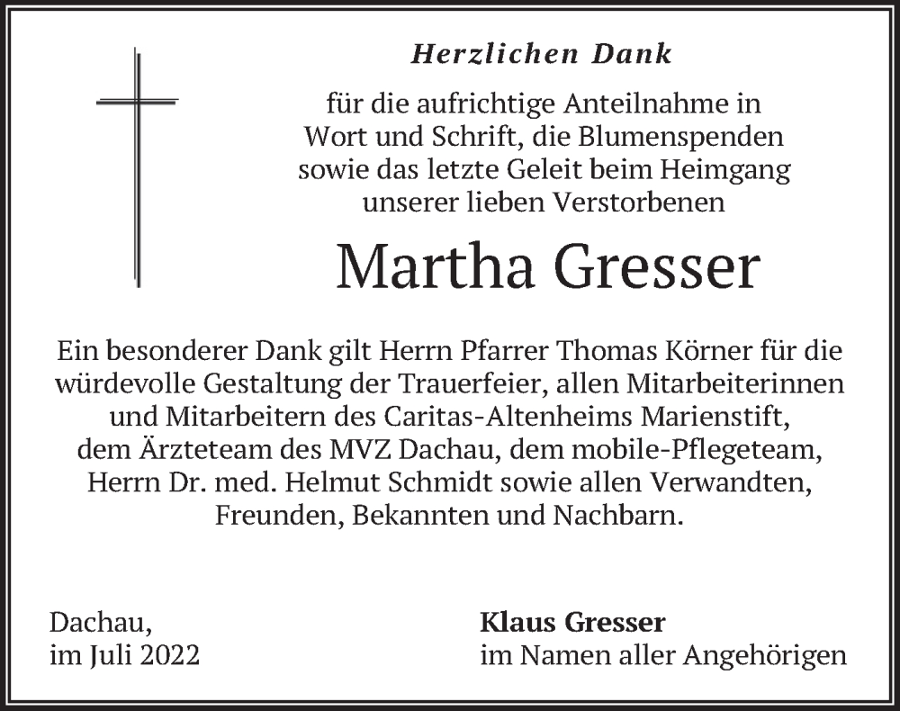  Traueranzeige für Martha Gresser vom 16.07.2022 aus merkurtz