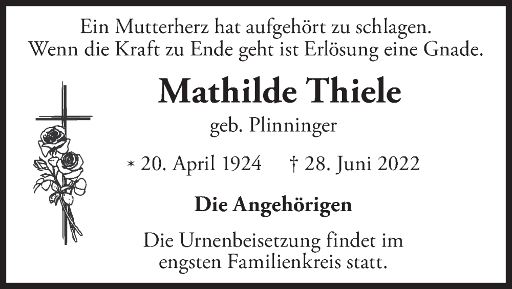  Traueranzeige für Mathilde Thiele vom 09.07.2022 aus merkurtz