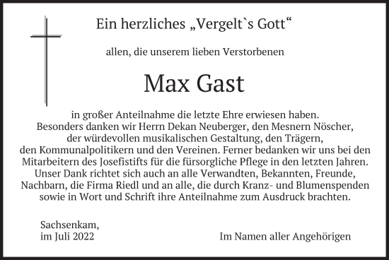 Traueranzeige von Max Gast von merkurtz