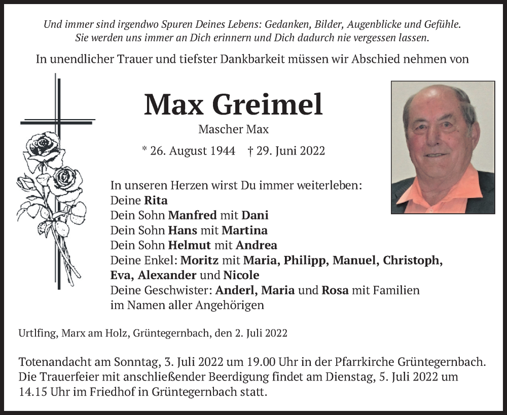  Traueranzeige für Max Greimel vom 02.07.2022 aus merkurtz