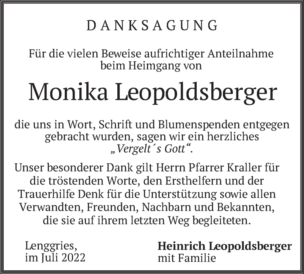  Traueranzeige für Monika Leopoldsberger vom 09.07.2022 aus merkurtz