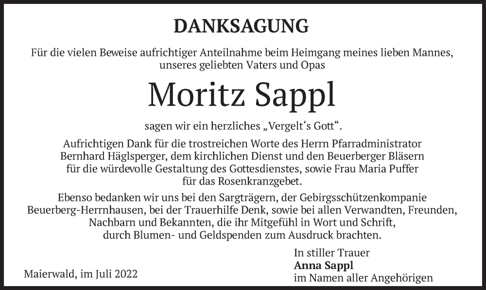  Traueranzeige für Moritz Sappl vom 09.07.2022 aus merkurtz