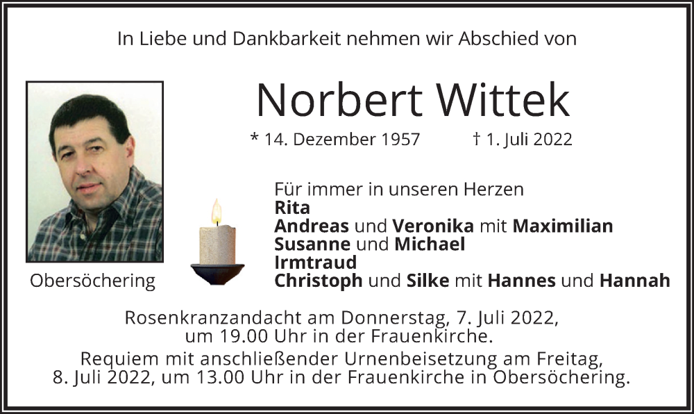  Traueranzeige für Norbert Wittek vom 05.07.2022 aus merkurtz