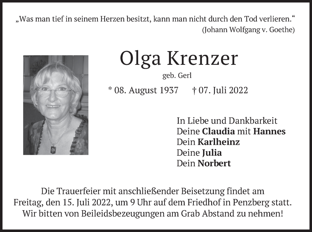  Traueranzeige für Olga Krenzer vom 13.07.2022 aus merkurtz
