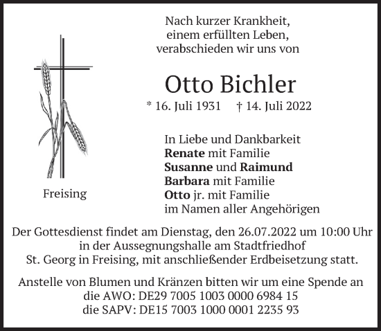 Traueranzeige von Otto Bichler von merkurtz