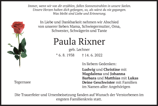 Traueranzeige von Paula Rixner von merkurtz