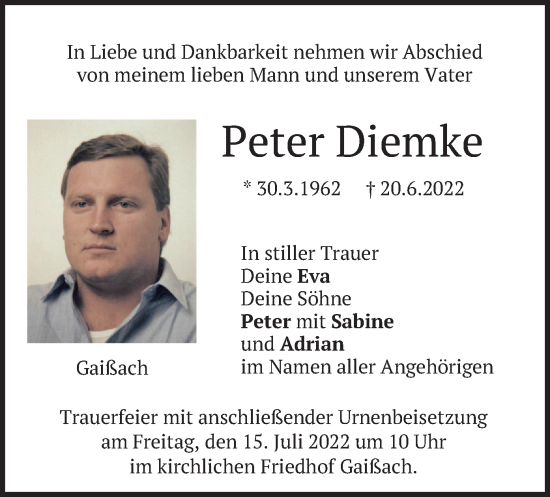 Traueranzeige von Peter Diemke von merkurtz