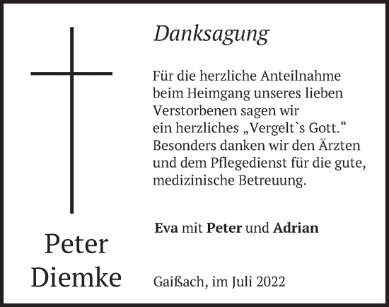 Traueranzeige von Peter Diemke von merkurtz