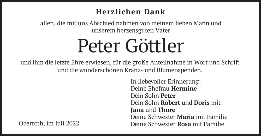  Traueranzeige für Peter Göttler vom 19.07.2022 aus merkurtz