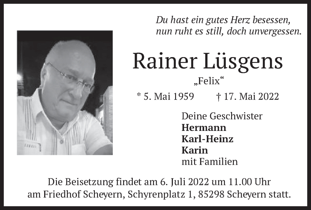  Traueranzeige für Rainer Lüsgens vom 02.07.2022 aus merkurtz