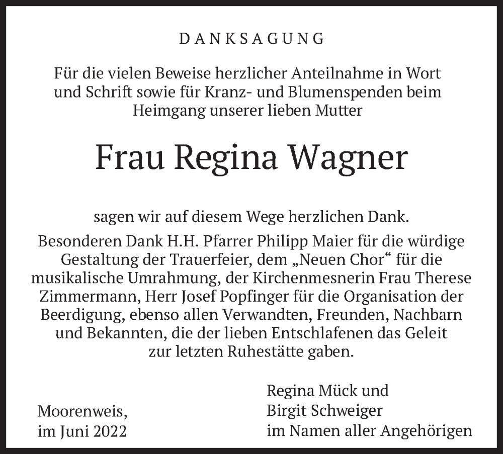  Traueranzeige für Regina Wagner vom 02.07.2022 aus merkurtz