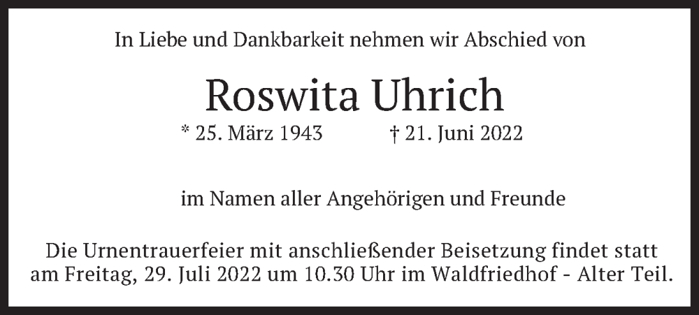  Traueranzeige für Roswita Uhrich vom 23.07.2022 aus merkurtz