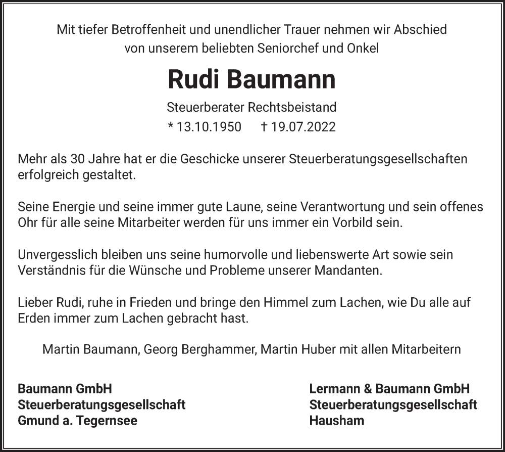  Traueranzeige für Rudi Baumann vom 23.07.2022 aus merkurtz