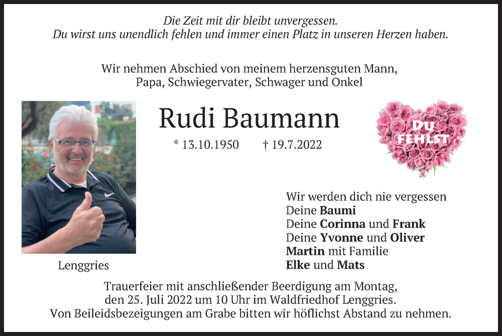  Traueranzeige für Rudi Baumann vom 22.07.2022 aus merkurtz