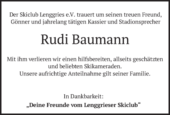 Traueranzeige von Rudi Baumann von merkurtz