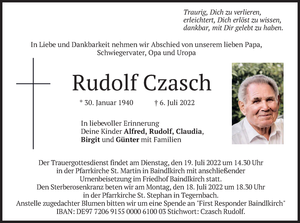  Traueranzeige für Rudolf Czasch vom 16.07.2022 aus merkurtz