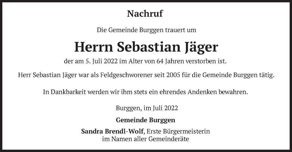  Traueranzeige für Sebastian Jäger vom 13.07.2022 aus merkurtz