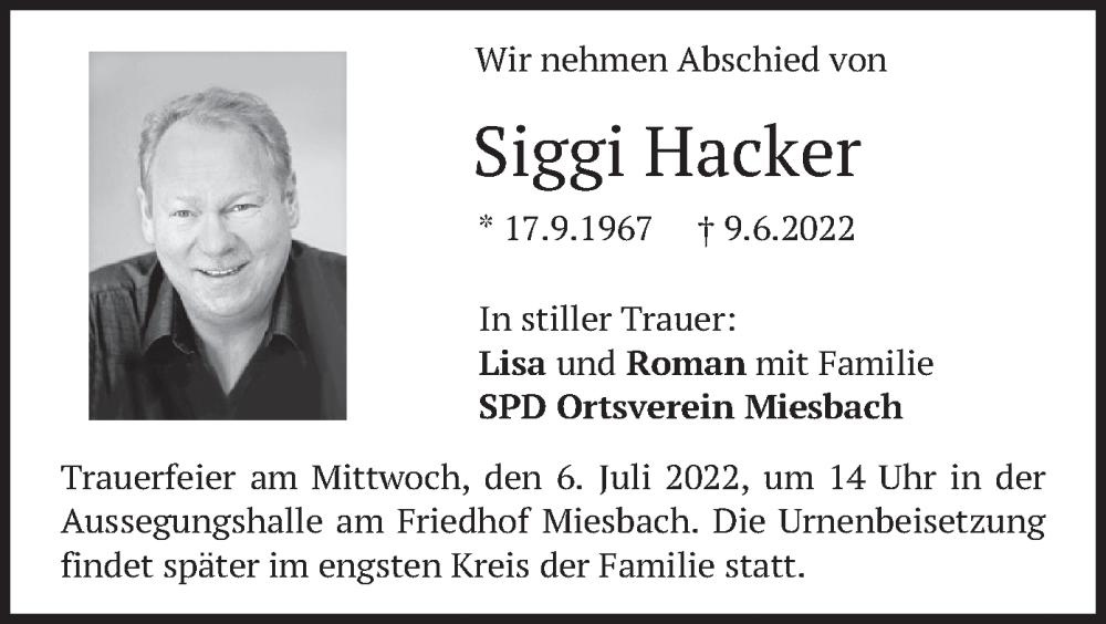  Traueranzeige für Siggi Hacker vom 02.07.2022 aus merkurtz