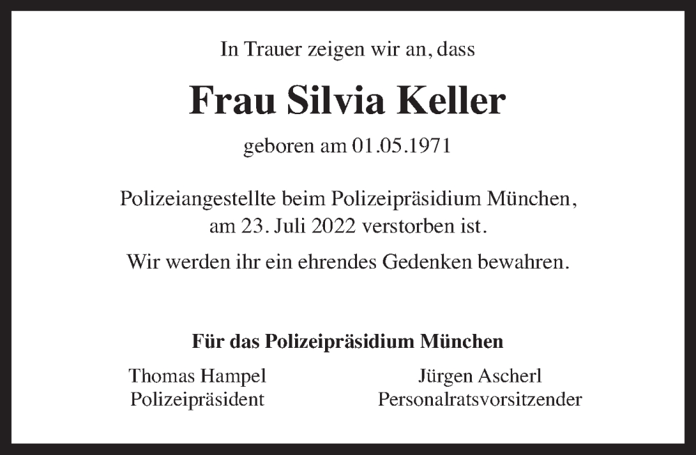  Traueranzeige für Silvia Keller vom 28.07.2022 aus merkurtz