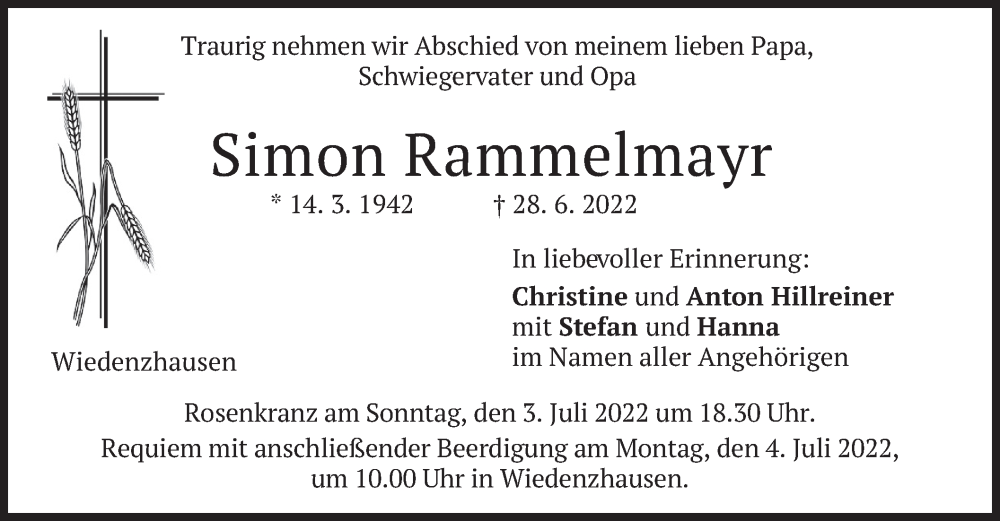  Traueranzeige für Simon Rammelmayr vom 02.07.2022 aus merkurtz