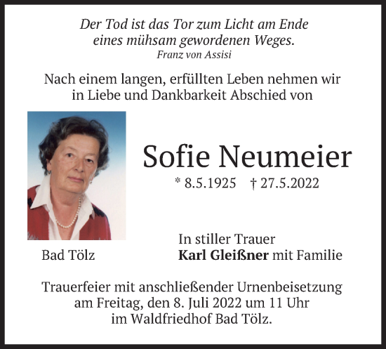 Traueranzeige von Sofie Neumeier von merkurtz