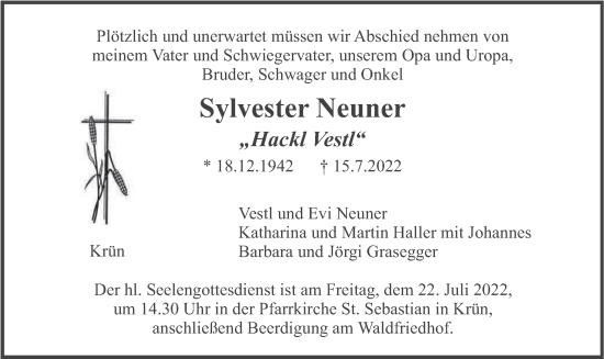 Traueranzeige von Sylvester Neuner von merkurtz
