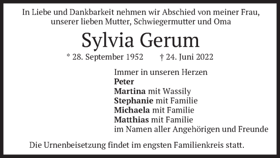 Traueranzeige von Sylvia Gerum von merkurtz