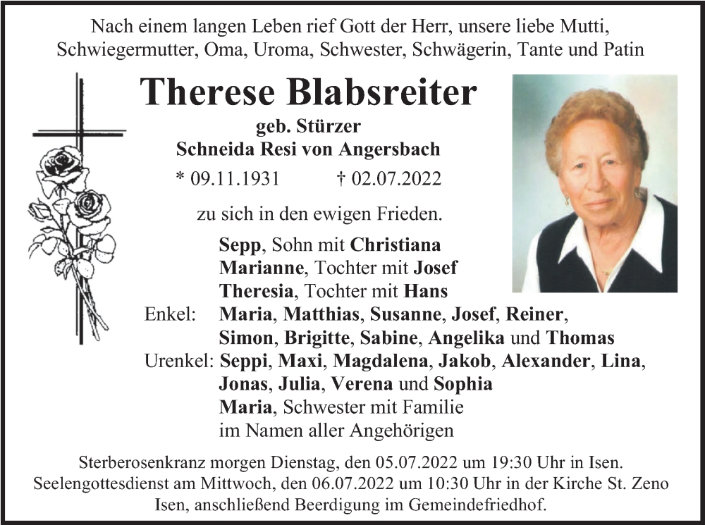  Traueranzeige für Therese Blabsreiter vom 04.07.2022 aus merkurtz